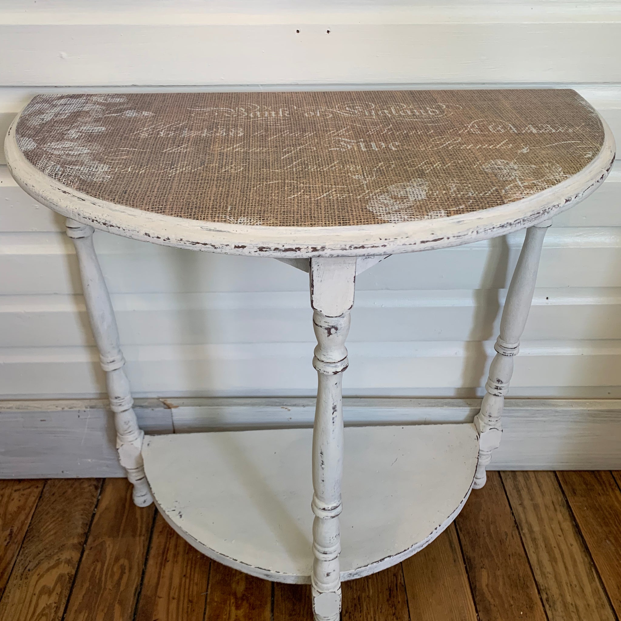 Half Round Pure White Table with Roycycled Decoupage Top
