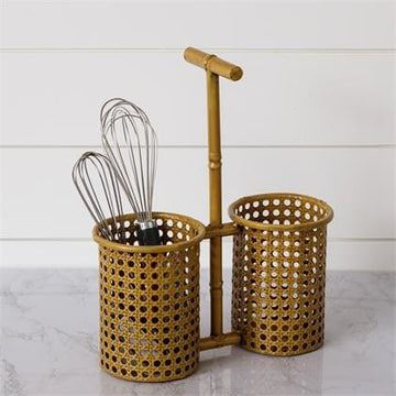 Utensil Holder - Metal and Caning Weave and Bamboo