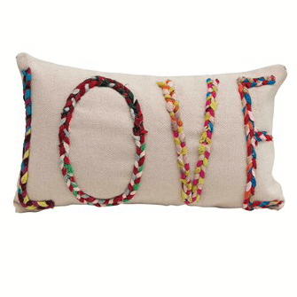 "Love" Cotton Lumbar Pillow with Chindi Fabric Applique - Five and Divine