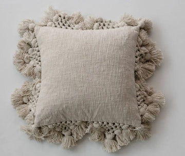 Grey Cotton Pillow with Tassels 18" Square - Five and Divine