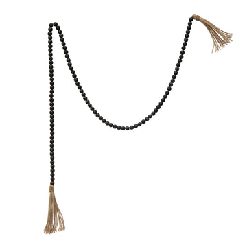 Paulownia Wood Bead Garland with Jute Tassels (Distressed Black)