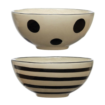 Hand-Painted Stoneware Bowl - Black & White Stripe Only