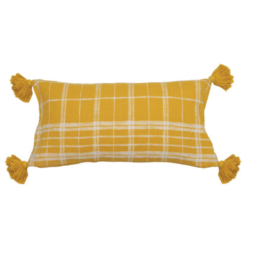  Yellow & White Woven Cotton Slub Lumbar Pillow w/ Grid Pattern & Tassels