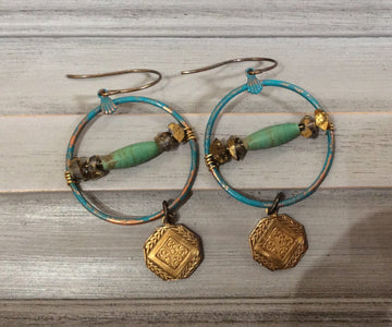 Green Hoop with Mixed Stone and Engraved Gold Disc on Natural Brass Wire