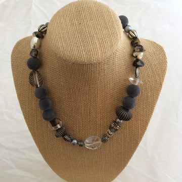 Single Necklace - Multiple Grey Fuzzy Balls and Silver Beads