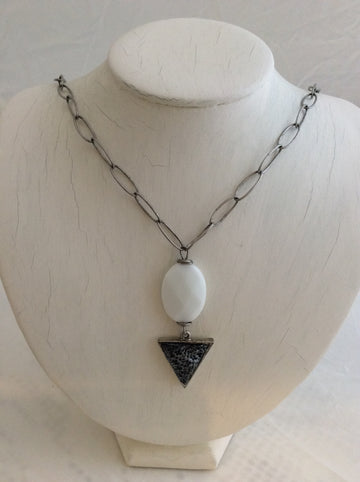 Oval White Stone w/Triangle Pendant on Silver Chain Necklace