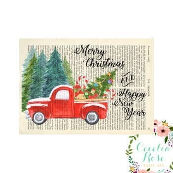 Book Art - Merry Christmas & Happy New Year Vintage Red Truck - 5x7 Unframed Print - Cecelia Rose Book Art