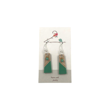 Silver Plated Earrings, Wood & Green Resin, Glass Beads