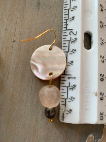 Pink Abalone Earrings with Recycled Glass from Ghana with 14 Kt. Gold filled wires & small Peacock Pearls