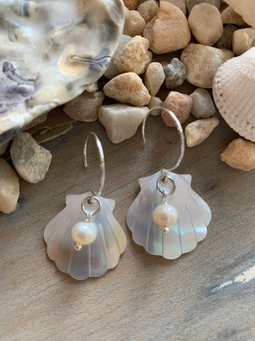Mother of Pearl Carved Shell Earrings with Sterling Silver Hoops & Pearls