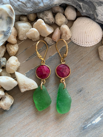 Gemstone Beach Glass Earrings with Red Sea Glass Drop