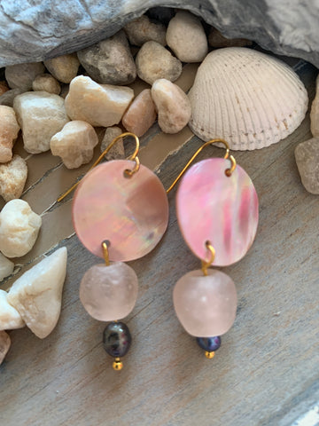 Pink Abalone Earrings with Recycled Glass from Ghana with 14 Kt. Gold filled wires & small Peacock Pearls