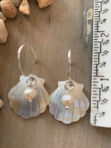 Mother of Pearl Carved Shell Earrings with Sterling Silver Hoops & Pearls