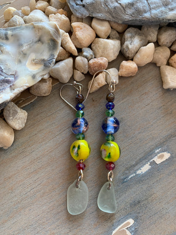 Colorful Bead Earrings with Lake Erie Beach Glass and Sterling Silver