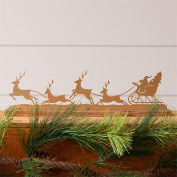Santa and Reindeer Gold Silhouette on Wood Base