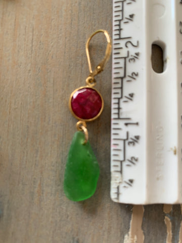 Gemstone Beach Glass Earrings with Red Sea Glass Drop