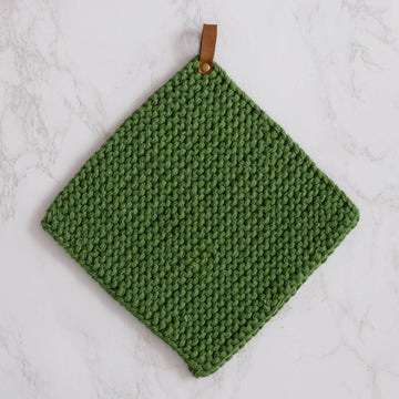 Pot Holder - Knitted Fern Green with Leather Strap