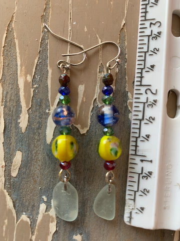 Colorful Bead Earrings with Lake Erie Beach Glass and Sterling Silver