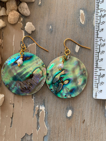 Abalone Disc Earrings  in 14 Kt. Gold Filled Wires with Beaded Pearl