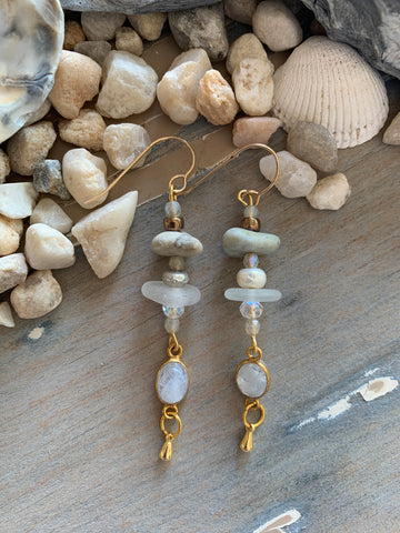 Sea Glass & Stones, Moonstone Connector Earrings in 14Kt. Gold Filled