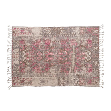 Woven Cotton Distressed Print Rug with Braided Fringe