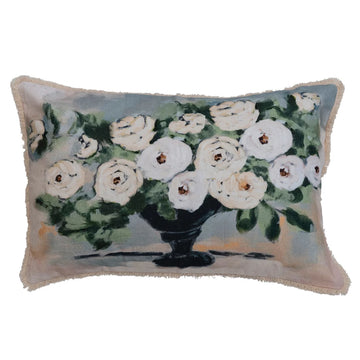 Cotton Printed Lumbar Pillow w/ Flowers