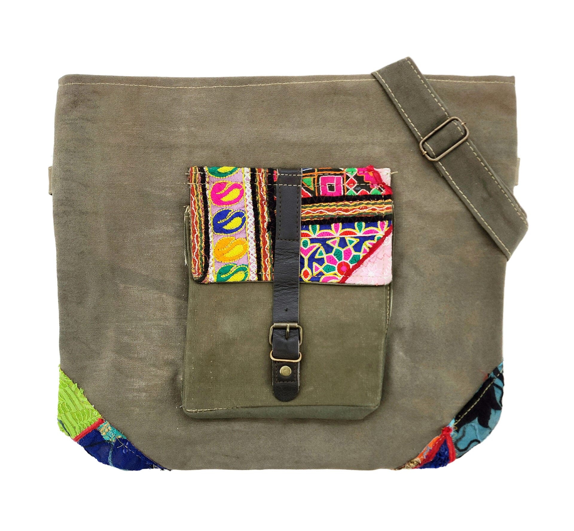 Vintage Fabric Accented Recycled Military Tent Crossbody