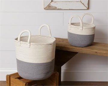 Two Tone Gray and White Rope Basket with Handles - Large