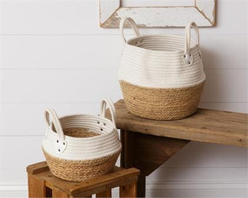 Rope and Straw Small Basket - White