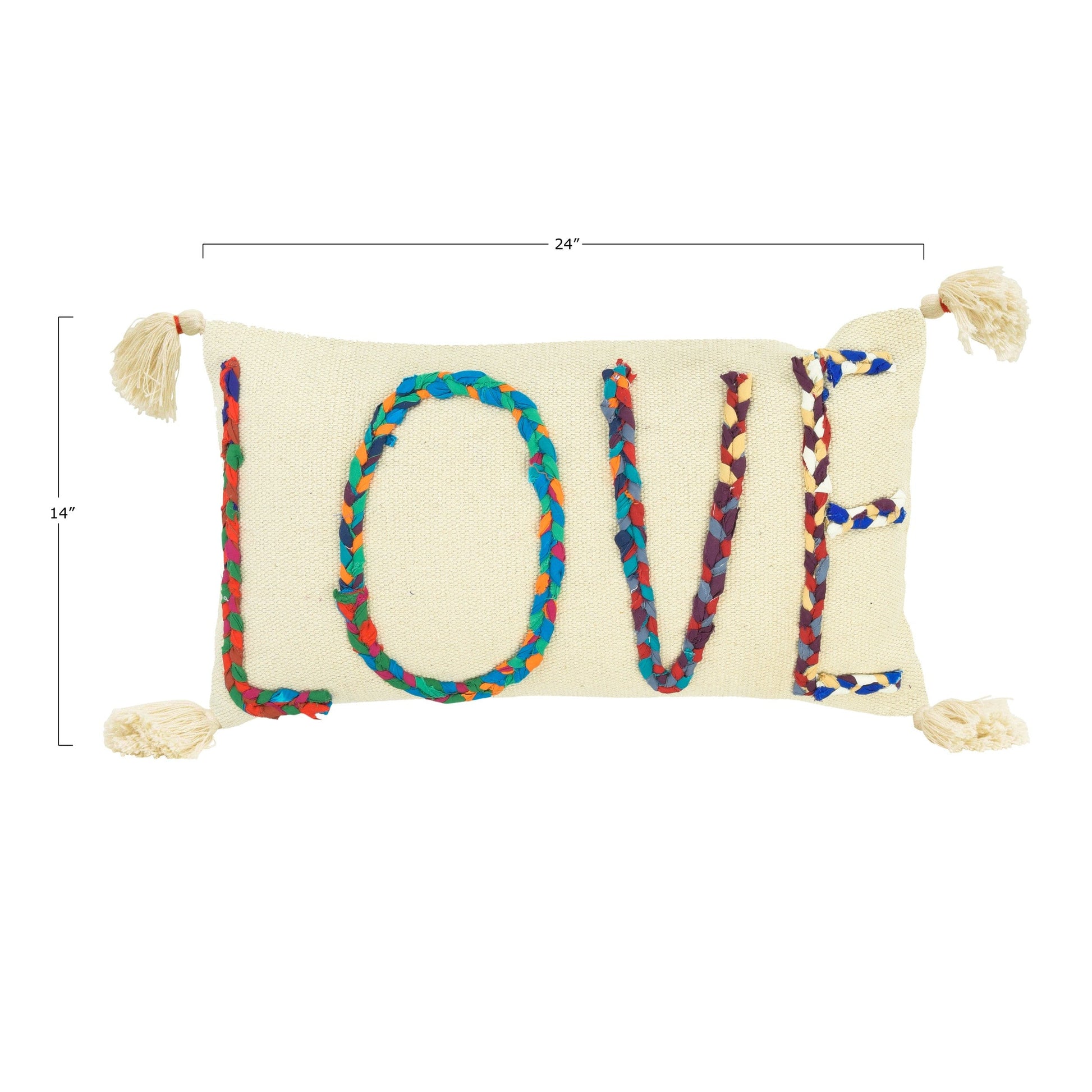 "Love" Cotton Lumbar Pillow with Chindi Fabric Applique - Five and Divine