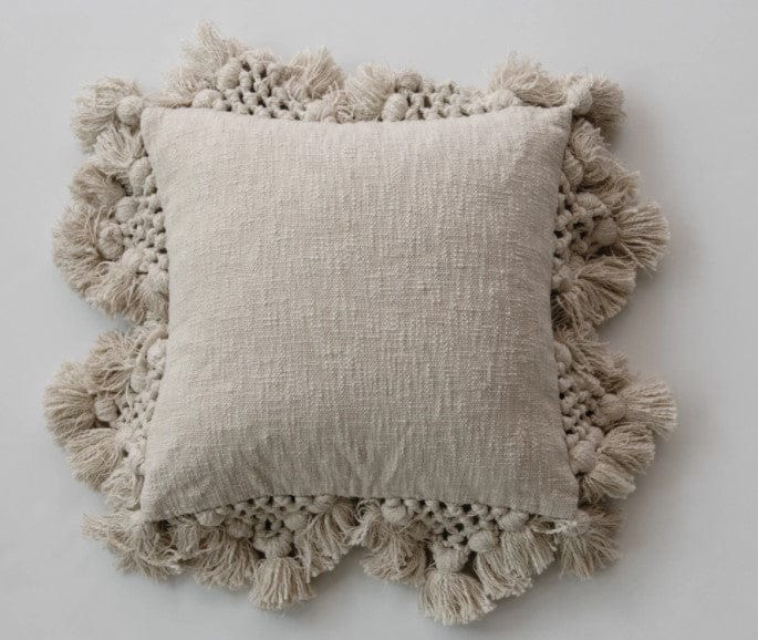 Grey Cotton Pillow with Tassels 18" Square - Five and Divine