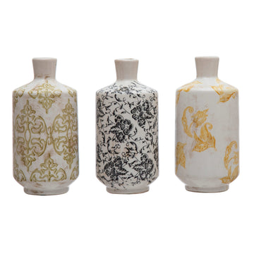 Terra-cotta Vase w/ Transferware Pattern, Multi Color, 3 Styles