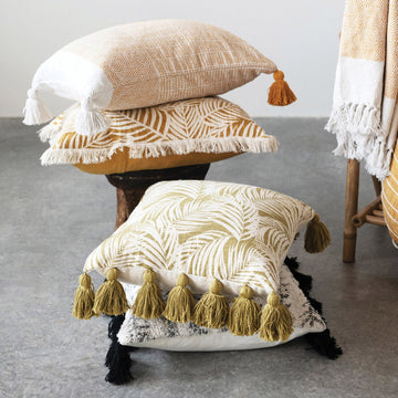 Palm Frond Pattern & Fringe Pillow 