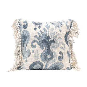 Stonewashed Woven Cotton Blend Pillow with Ikat Pattern & Tassels (Blue & Cream Color)