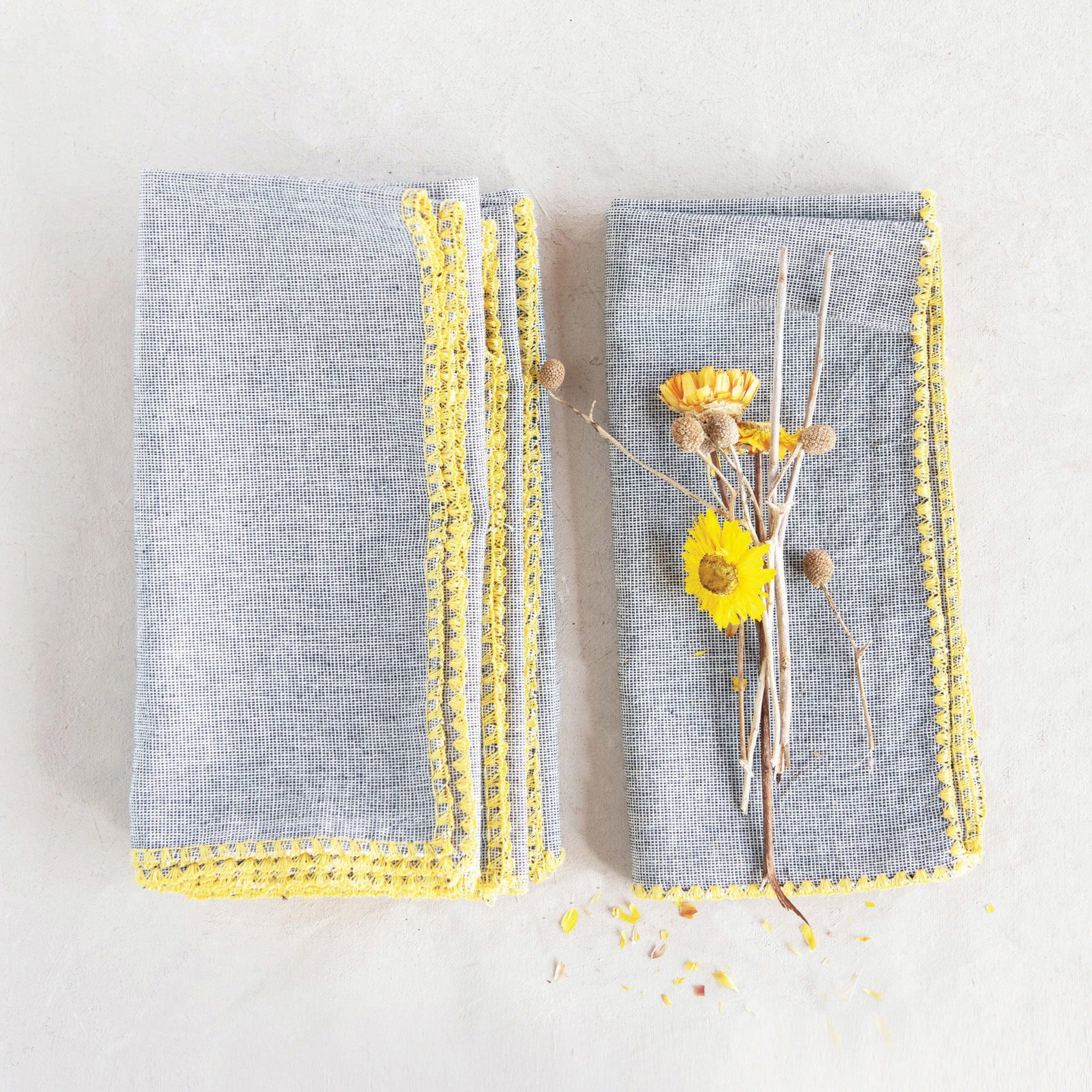 Grey Napkins w/ Embroidered Yellow Edge - Set of 4 - Five and Divine