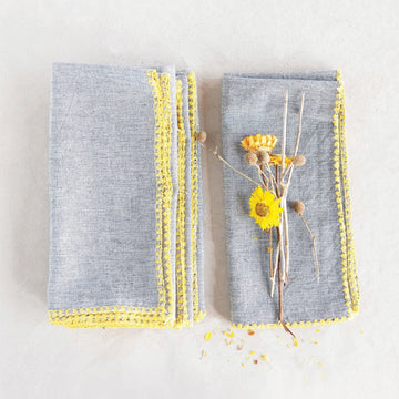 Grey Napkins w/ Embroidered Yellow Edge - Set of 4