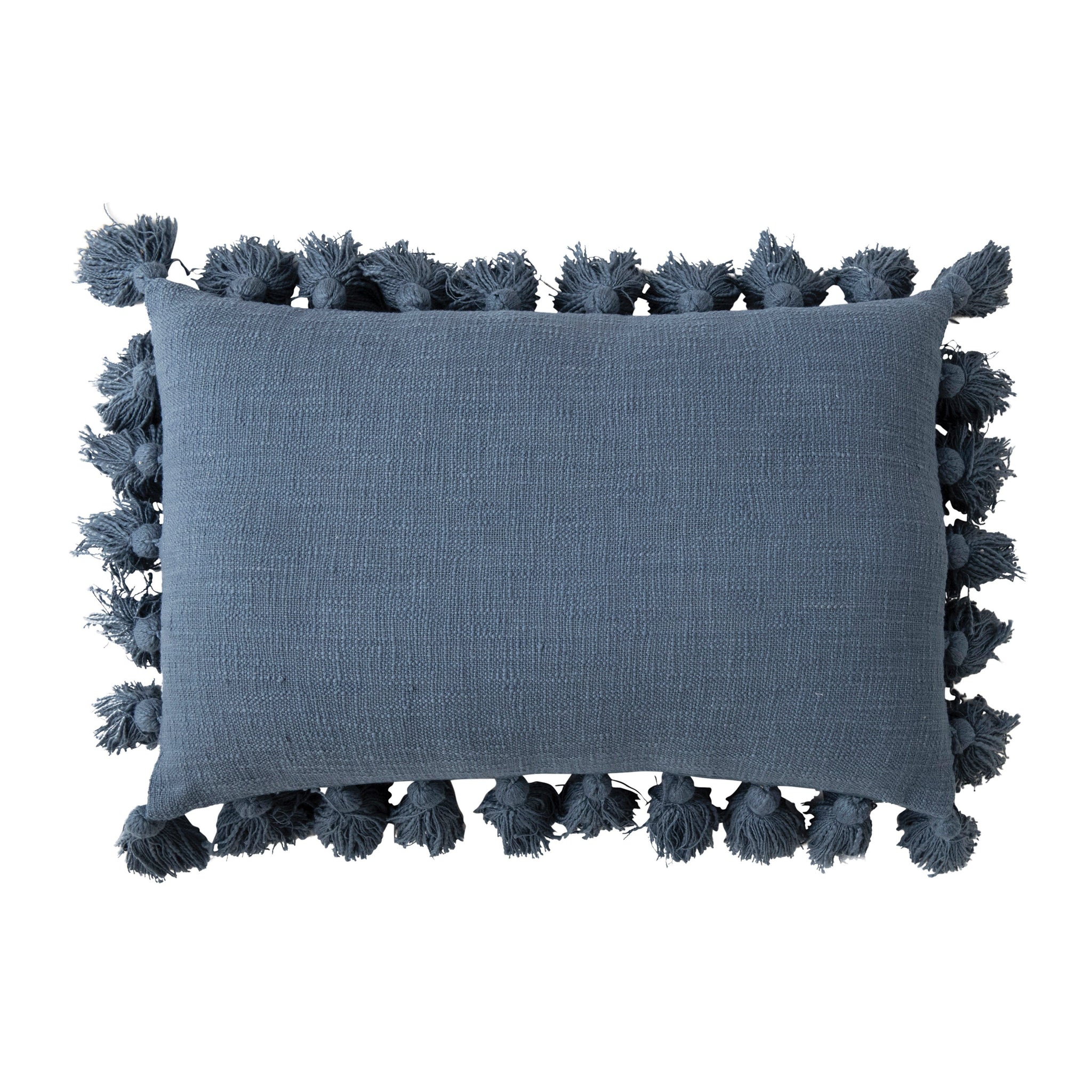 Blue Woven Cotton Slub Lumbar Pillow w/ Crochet & Tassels - Five and Divine