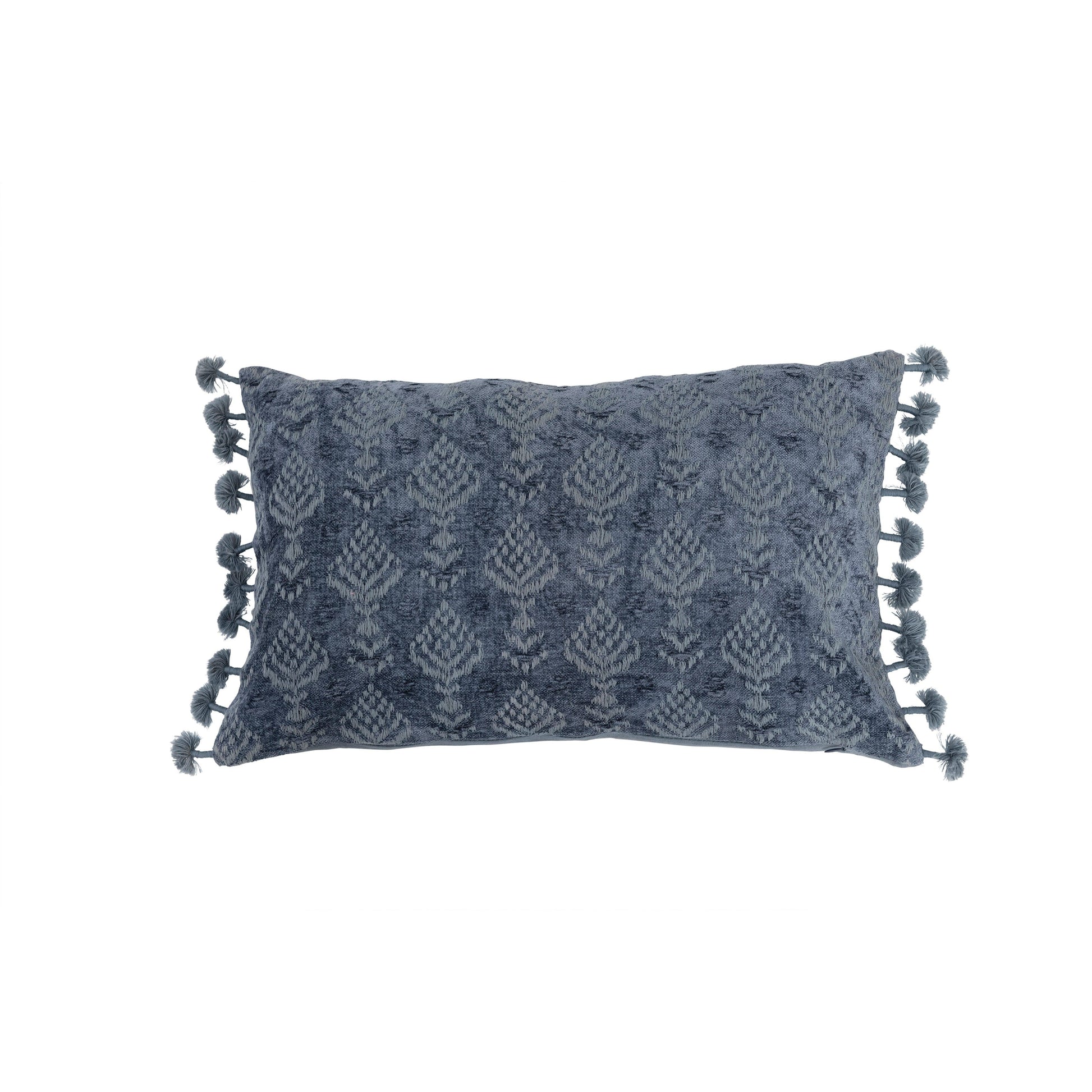 Blue Cotton Chenille Lumbar Pillow w/ Embroidery & Tassels - Five and Divine