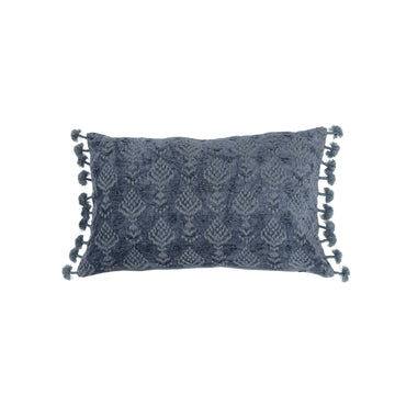 Blue Cotton Chenille Lumbar Pillow w/ Embroidery & Tassels
