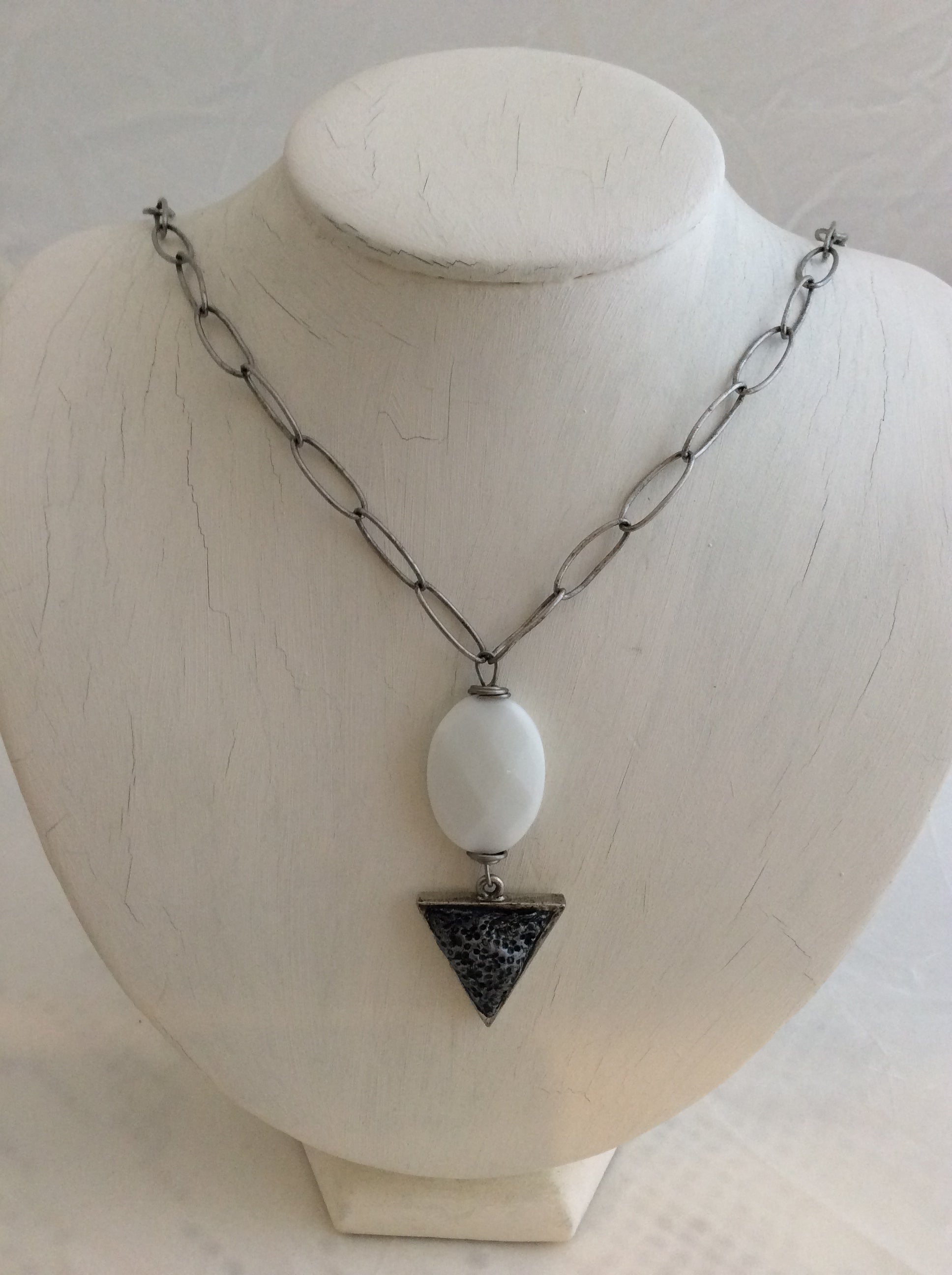 Oval White Stone w/Triangle Pendant on Silver Chain Necklace - Five and Divine