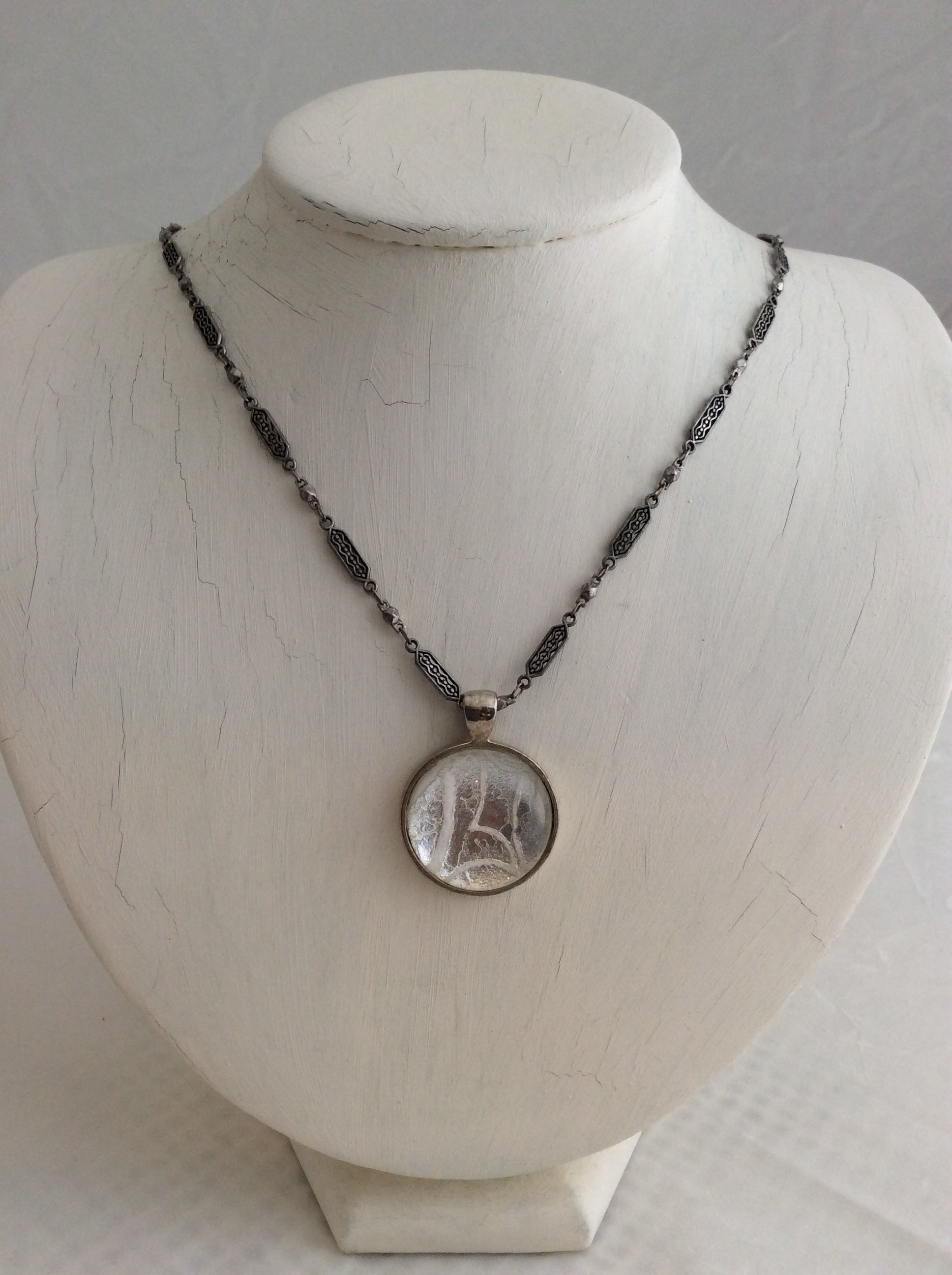 Round Glass, White and Silver Pendant on Silver Chain Necklace - Five and Divine