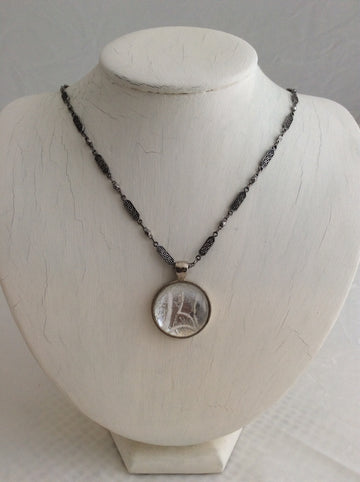 Round Glass, White and Silver Pendant on Silver Chain Necklace