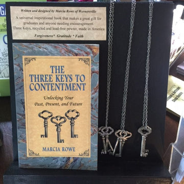 The Three Keys to Contentment Paperback Book and Pewter Keys Necklace SET - Five and Divine