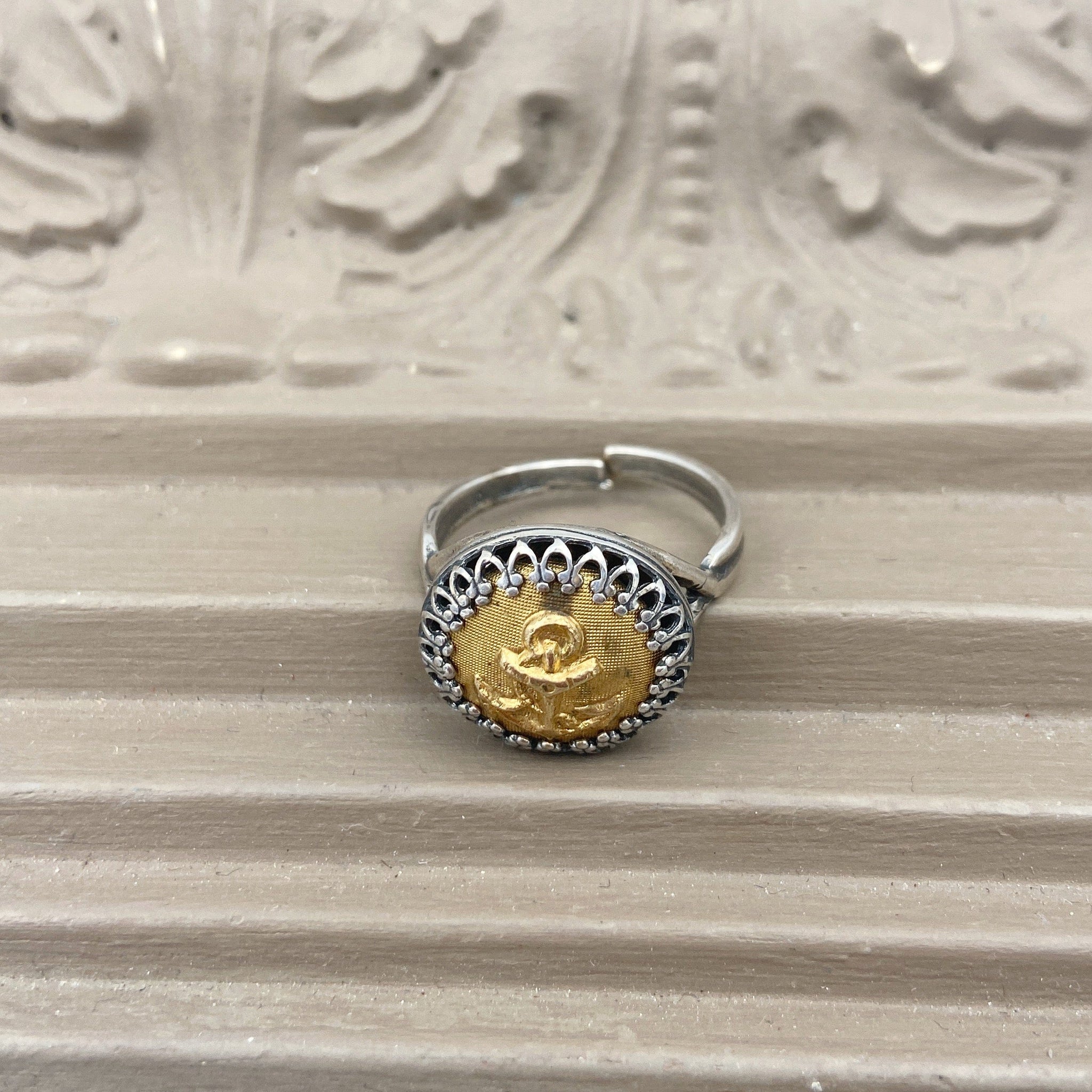 Silver with Gold Anchor Button Ring - Five and Divine
