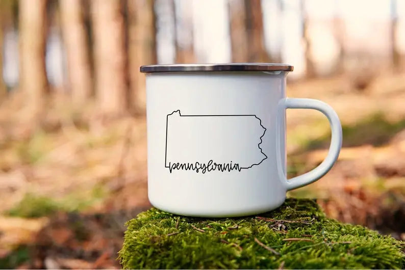 Pennsylvania Mug - White Enamel with State Outline - Five and Divine
