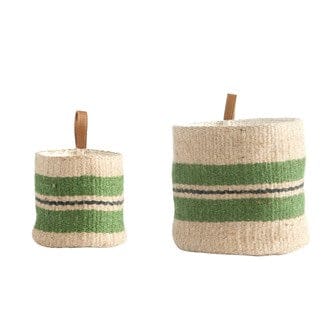 Jute Baskets w/ Leather Loop, Green Stripes, Set of 2 DF1774
