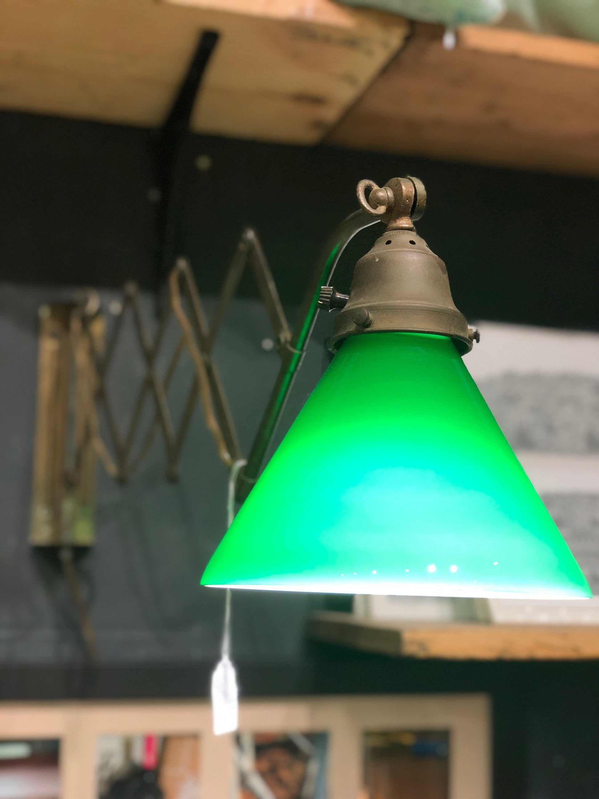 Vintage Green Glass Swing Arm Wall Lamp - Five and Divine