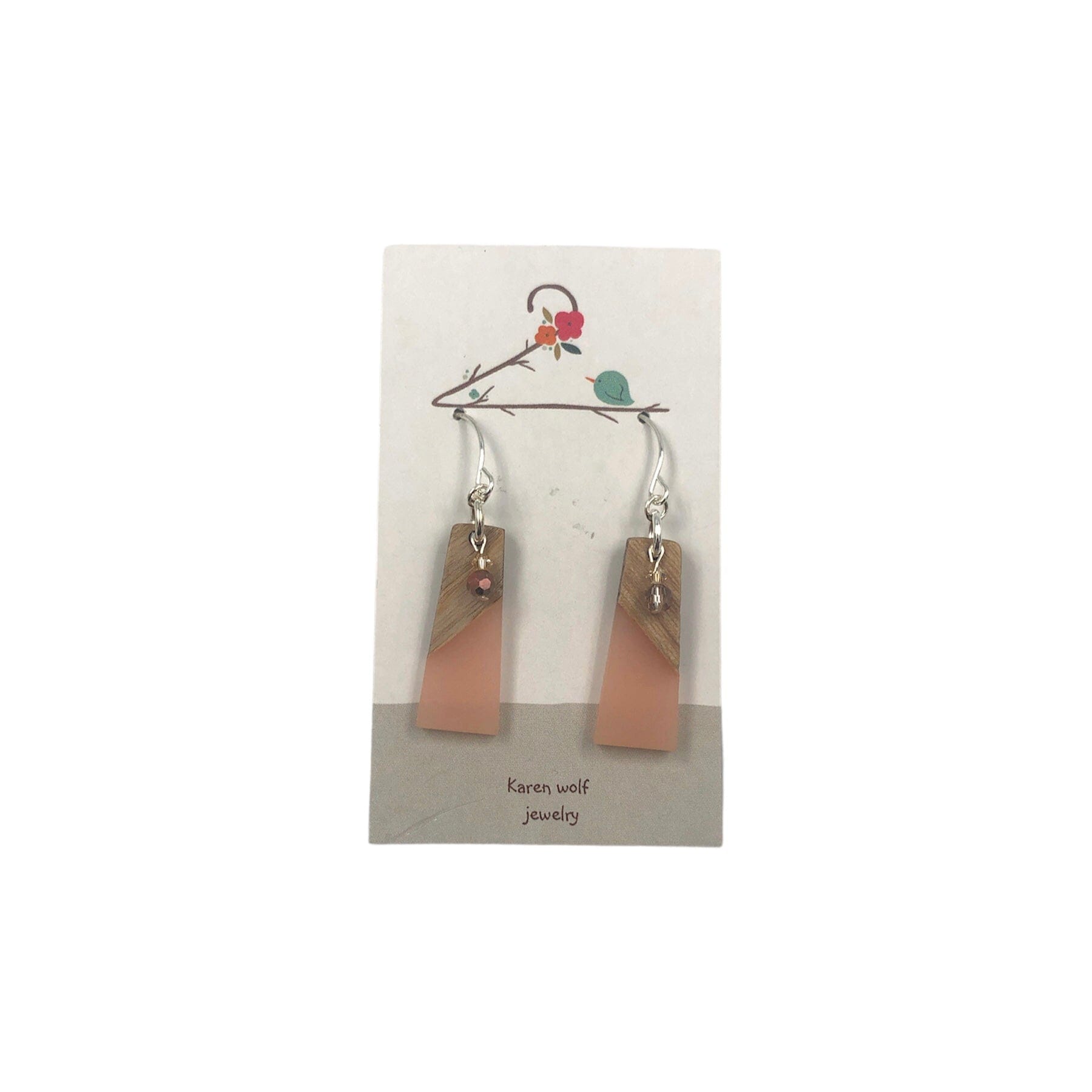 Silver Plated Earrings, Wood & Pink Resin, Crystal Glass Beads - Five and Divine