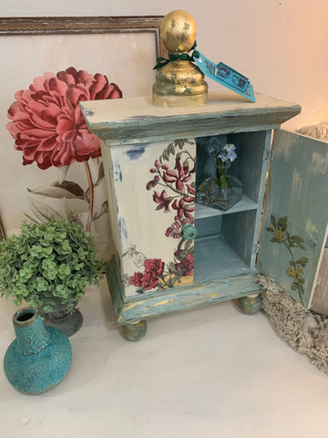 Apothecary Vintage Cabinet with Flower Transfer and Glass Vase Inside for Fresh Flowers - Five and Divine