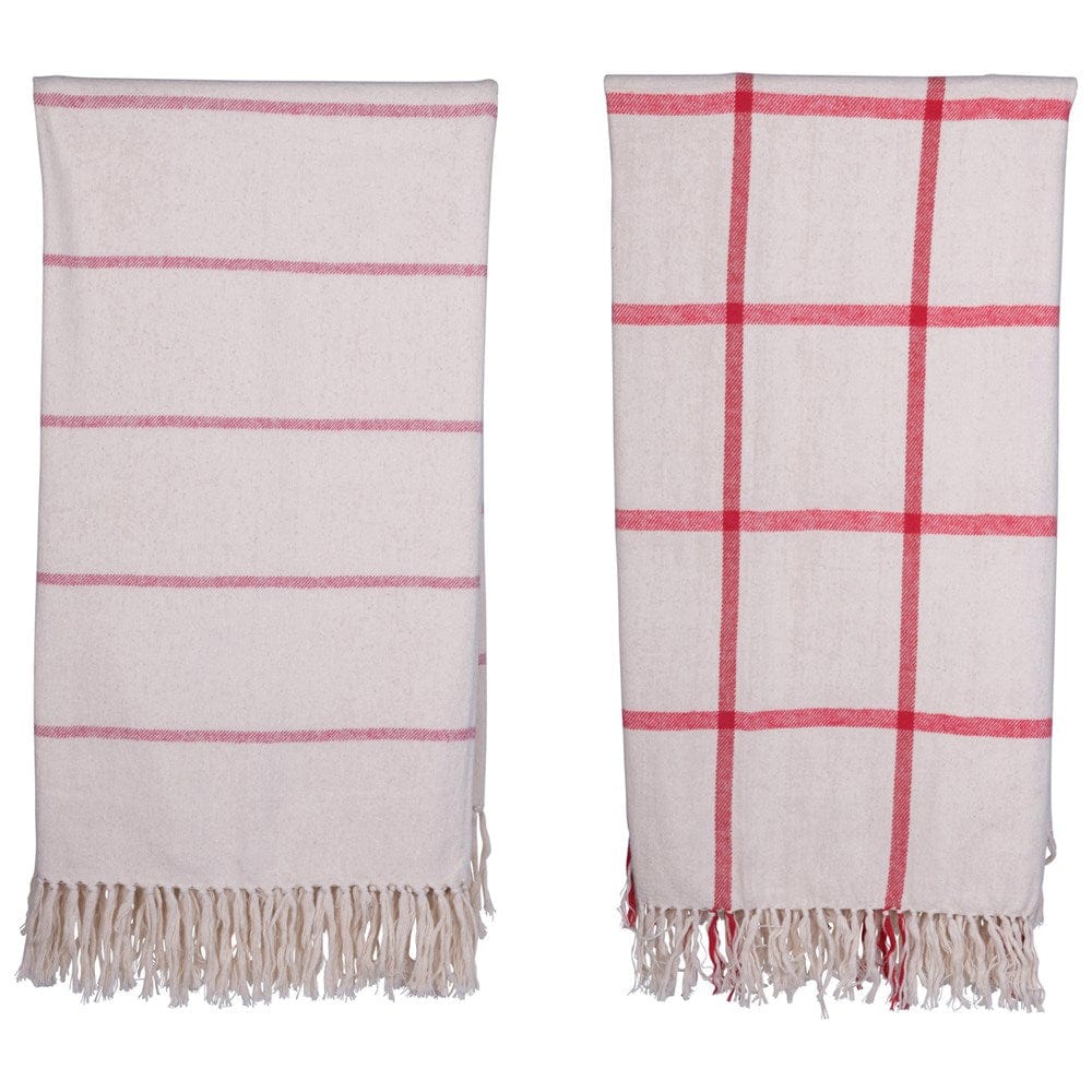 Brushed Cotton Throw w/ Pattern & Fringe, Red & Cream Color, 2 Styles XM6665A - Five and Divine